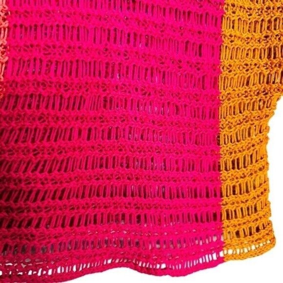New York & CO Color Block Pink/Orange One Shoulder Slit Crochet Slouchy Sweater - Picture 4 of 7